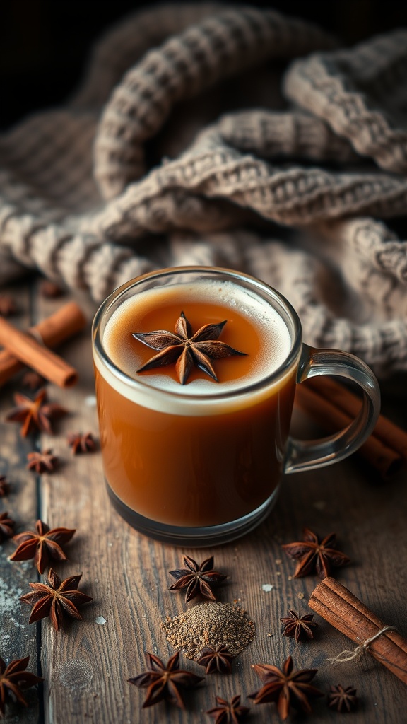A cozy mug of spiced bourbon chai tea with star anise and cinnamon, surrounded by warm decor.